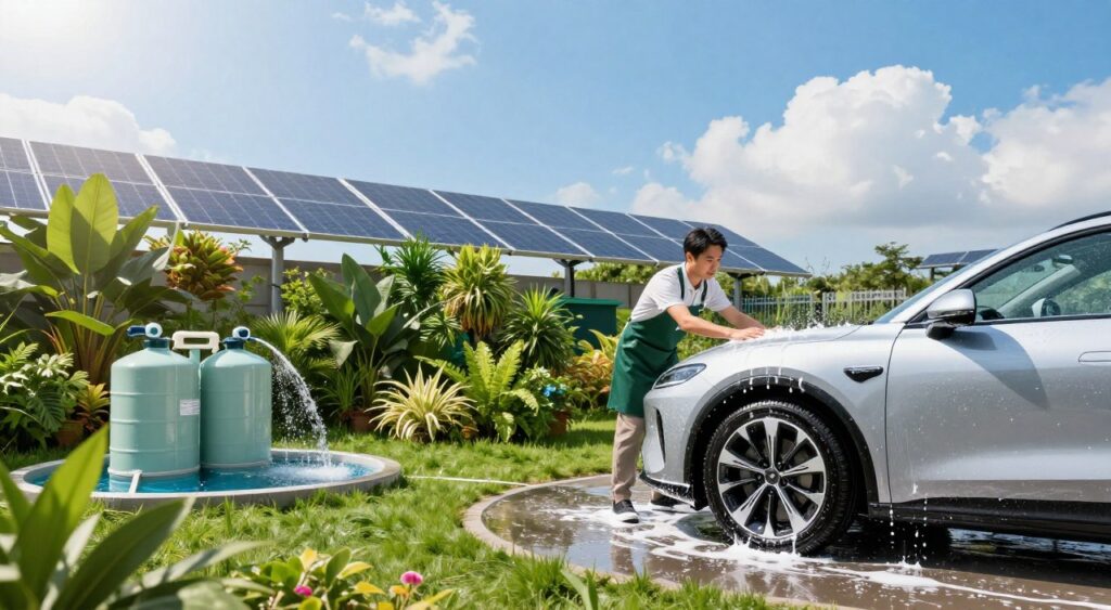 A vibrant eco-friendly car wash scene set in a sunny outdoor location. In the foreground, a modern, sleek electric car is being gently washed with biodegradable soap by a person in professional attire, wearing a green apron. The middle ground features an assortment of lush plants and solar panels, emphasizing sustainability. Water is being reused in circular tanks, showcasing eco-friendly practices. The background reveals a clear blue sky and a few fluffy clouds, with gentle sunlight casting soft shadows. The atmosphere is fresh and clean, creating a sense of environmental responsibility and innovation. Captured from a slightly low angle to emphasize the car's design, with a focus on bright, natural lighting to highlight the greenery and water.