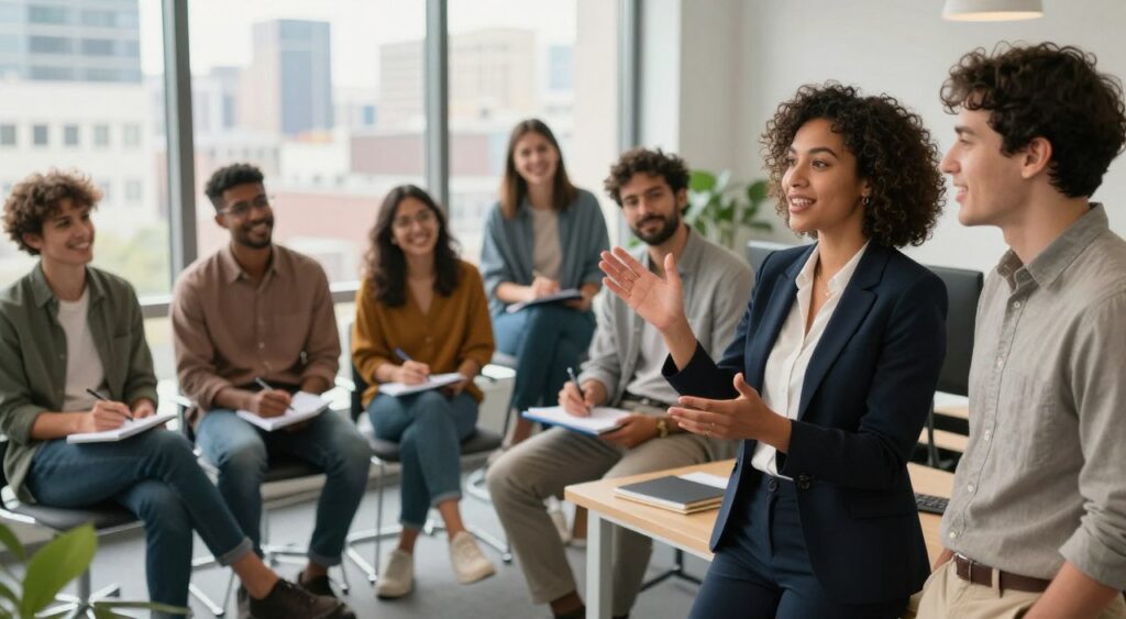 A vibrant, engaging scene depicting diverse individuals sharing their success stories about buying Fi in a modern office environment. In the foreground, a professional woman in smart business attire enthusiastically gestures while explaining her experience with Fi, alongside a man casually leaning against a desk, both engaged in conversation. In the middle ground, a group of colleagues of varying ethnicities listens attentively, taking notes and smiling, showcasing a sense of camaraderie and inspiration. The background features a large window with a view of a bustling cityscape under soft, natural daylight. The mood is optimistic and collaborative, with warm colors illuminating the space, enhancing the theme of success and achievement. The angle is slightly elevated, providing a clear view of the engaged team atmosphere without distractions.