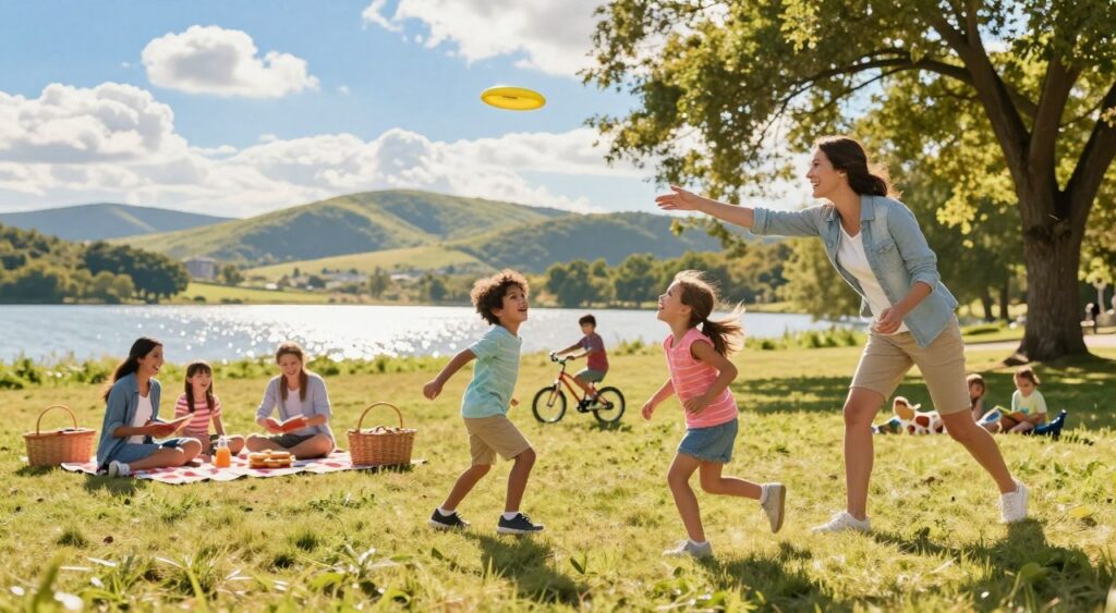 A vibrant family-friendly destination scene featuring a diverse family of four exploring a sunny park. In the foreground, a smiling mother and father are engaged in a game of frisbee with their two children, a boy and a girl, who are laughing and running joyfully. In the middle ground, there are picnic setups with colorful blankets and baskets, alongside families enjoying various activities like biking, playing with pets, and reading books under trees. The background showcases a beautiful landscape with rolling hills, a sparkling lake, and bright blue skies adorned with fluffy clouds. The scene is illuminated by warm, golden sunlight, creating a happy, inviting atmosphere. The lens captures the joyous spirit from a slight low angle to emphasize the active family while keeping the stunning scenery in full view. A vibrant family-friendly destination scene featuring a diverse family of four exploring a sunny park. In the foreground, a smiling mother and father are engaged in a game of frisbee with their two children, a boy and a girl, who are laughing and running joyfully. In the middle ground, there are picnic setups with colorful blankets and baskets, alongside families enjoying various activities like biking, playing with pets, and reading books under trees. The background showcases a beautiful landscape with rolling hills, a sparkling lake, and bright blue skies adorned with fluffy clouds. The scene is illuminated by warm, golden sunlight, creating a happy, inviting atmosphere. The lens captures the joyous spirit from a slight low angle to emphasize the active family while keeping the stunning scenery in full view.