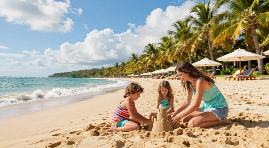 A vibrant family-friendly exotic destination showcasing a beautiful beach scene. In the foreground, a happy family of four, dressed in colorful, modest vacation attire, plays in the sand, building a sandcastle. The middle ground features soft waves gently lapping at the shore and beach umbrellas offering shade. In the background, lush tropical palm trees sway in a gentle breeze under a bright blue sky filled with fluffy white clouds. The sunlight casts a warm golden hue over the entire scene, creating a cheerful and inviting atmosphere. The angle captures the essence of a perfect family getaway, emphasizing joy and togetherness in an extraordinary place.