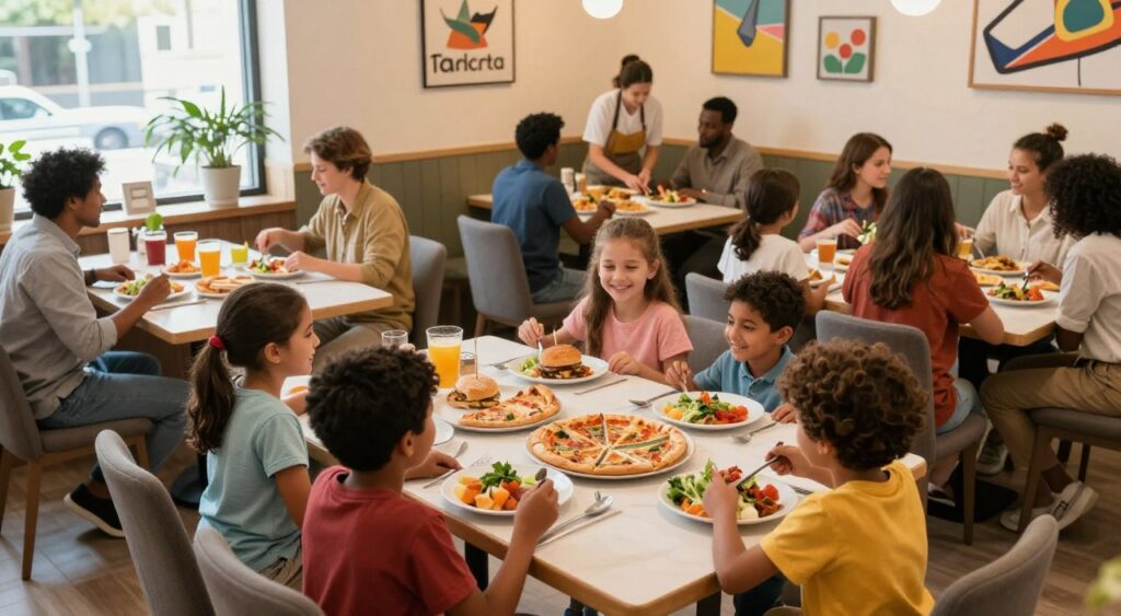 A vibrant family-friendly restaurant scene, featuring a diverse group of happy families enjoying a meal together. In the foreground, a table laden with colorful dishes like pizza, burgers, and salads, surrounded by smiling children and adults in casual attire. The middle ground shows a warm and inviting dining area with cheerful wall decor, playful table arrangements, and friendly staff interacting with guests. In the background, large windows allow natural light to flood in, illuminating the space and creating a lively atmosphere. Soft, ambient lighting enhances the inviting mood. Capture the scene from a slightly elevated angle, focusing on the joy of togetherness and the vibrant colors of the food and decor. Emphasize a sense of warmth and community, making it inviting for families. A vibrant family-friendly restaurant scene, featuring a diverse group of happy families enjoying a meal together. In the foreground, a table laden with colorful dishes like pizza, burgers, and salads, surrounded by smiling children and adults in casual attire. The middle ground shows a warm and inviting dining area with cheerful wall decor, playful table arrangements, and friendly staff interacting with guests. In the background, large windows allow natural light to flood in, illuminating the space and creating a lively atmosphere. Soft, ambient lighting enhances the inviting mood. Capture the scene from a slightly elevated angle, focusing on the joy of togetherness and the vibrant colors of the food and decor. Emphasize a sense of warmth and community, making it inviting for families.