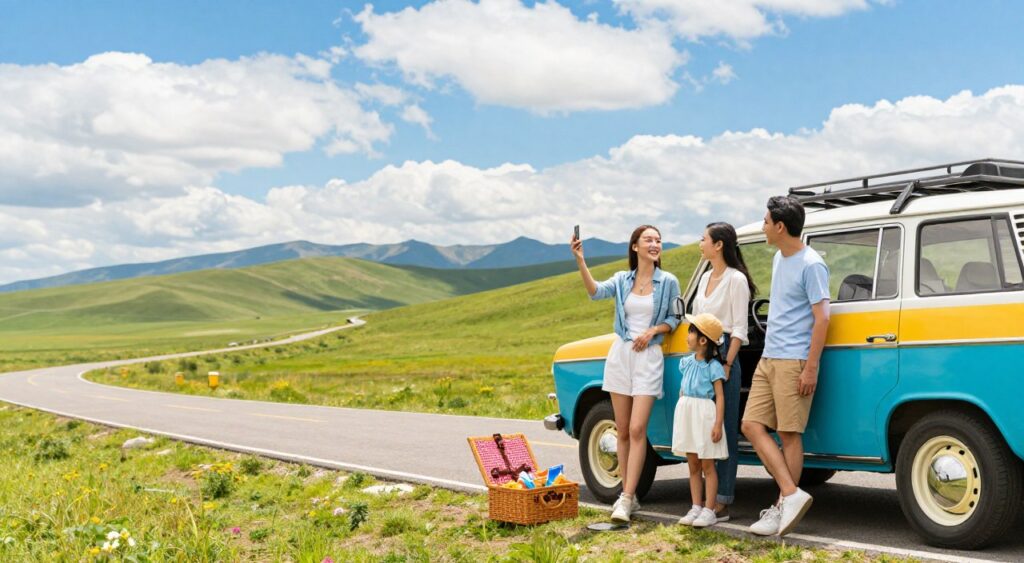 A vibrant family road trip scene, depicting a cheerful family of four, consisting of parents and two children, enjoying their time by a colorful vintage car parked by a scenic roadside. In the foreground, the family is engaged in fun activities like taking pictures and unpacking snacks from a picnic basket. In the middle ground, a beautiful landscape unfolds with rolling green hills, a winding road, and a bright blue sky filled with fluffy white clouds. In the background, distant mountains add depth to the scene. The lighting is warm and inviting, evoking a sense of adventure and joy, captured from a slightly elevated angle to showcase the entire setup. The atmosphere is filled with excitement and togetherness, emphasizing the essence of bonding during a family vacation. A vibrant family road trip scene, depicting a cheerful family of four, consisting of parents and two children, enjoying their time by a colorful vintage car parked by a scenic roadside. In the foreground, the family is engaged in fun activities like taking pictures and unpacking snacks from a picnic basket. In the middle ground, a beautiful landscape unfolds with rolling green hills, a winding road, and a bright blue sky filled with fluffy white clouds. In the background, distant mountains add depth to the scene. The lighting is warm and inviting, evoking a sense of adventure and joy, captured from a slightly elevated angle to showcase the entire setup. The atmosphere is filled with excitement and togetherness, emphasizing the essence of bonding during a family vacation.