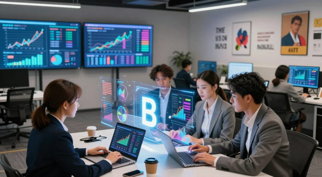 A vibrant, futuristic digital marketing scene showcasing the concept of "B" as a powerful force. In the foreground, a diverse group of three professionals in smart business attire collaborates over digital devices, analyzing colorful graphs and charts that float holographically before them, representing analytics and growth. In the middle ground, large screens display dynamic data visualizations, reinforcing a high-tech atmosphere. The background features a modern office with sleek furniture and walls adorned with motivational art. The lighting is bright and energetic, with soft glows highlighting key areas, creating an inspiring, forward-thinking mood. Capture this energetic environment from a slightly elevated angle, emphasizing collaboration and innovation in the digital marketing realm.