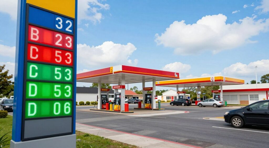A vibrant, informative scene comparing gas prices at multiple gas stations. In the foreground, a colorful price board displays various fuel prices, prominently showing the cheapest option in bright green. The middle ground features three distinct gas stations with different branding, each having a unique design and color scheme, visually emphasizing their prices. The background includes a clear blue sky with a few fluffy white clouds, suggesting a sunny day to evoke a hopeful and positive mood. The setting is an urban environment with cars passing by, highlighting the everyday nature of fuel purchasing. Use a wide-angle lens to capture the scene, bathed in soft natural lighting that enhances the colors and details.