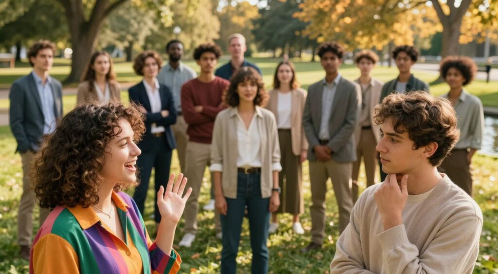 A vibrant montage depicting various personality traits manifesting through diverse individuals in a harmonious setting. In the foreground, two people face each other, one expressing enthusiasm and creativity through lively colors in their clothing, while the other radiates calmness and thoughtfulness in soft, earthy tones. In the middle ground, a cluster of individuals showcases traits like kindness and ambition, with their body language and attire reflecting their personality—some in professional business attire, others in modest casual wear. The background features a peaceful park scene, with trees and a gentle stream, bathed in warm, golden sunlight, creating an inviting and reflective atmosphere. Use a slightly elevated angle to capture the scene as a blend of interaction and tranquility, evoking a mood of self-discovery and connection.