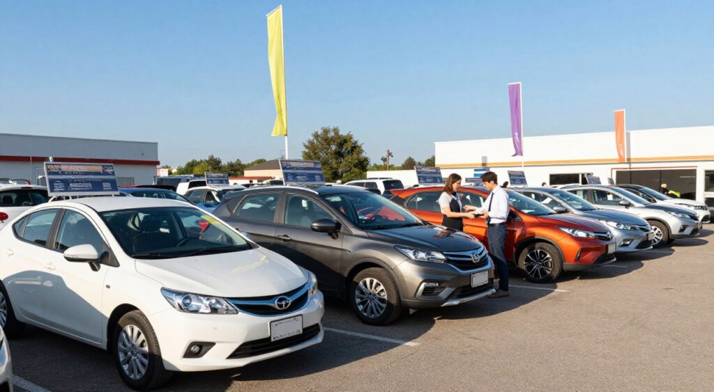 A vibrant outdoor car dealership scene showcasing a lineup of popular used cars under natural sunlight. In the foreground, display a variety of models such as a compact sedan, an SUV, and a hatchback, all clean and well-maintained, reflecting an inviting atmosphere. The middle ground features a welcoming sales representative in professional attire, standing beside the vehicles, engaging with prospective buyers. The background should include a clear blue sky, a well-organized lot with price tags visible on the cars, and colorful flags fluttering in the breeze, enhancing the upbeat mood. Use a wide-angle lens to capture the dynamic and friendly environment, with soft lighting that emphasizes the shine of the cars and a sense of approachability. Aim for a contemporary and friendly atmosphere that feels like a community gathering spot.
