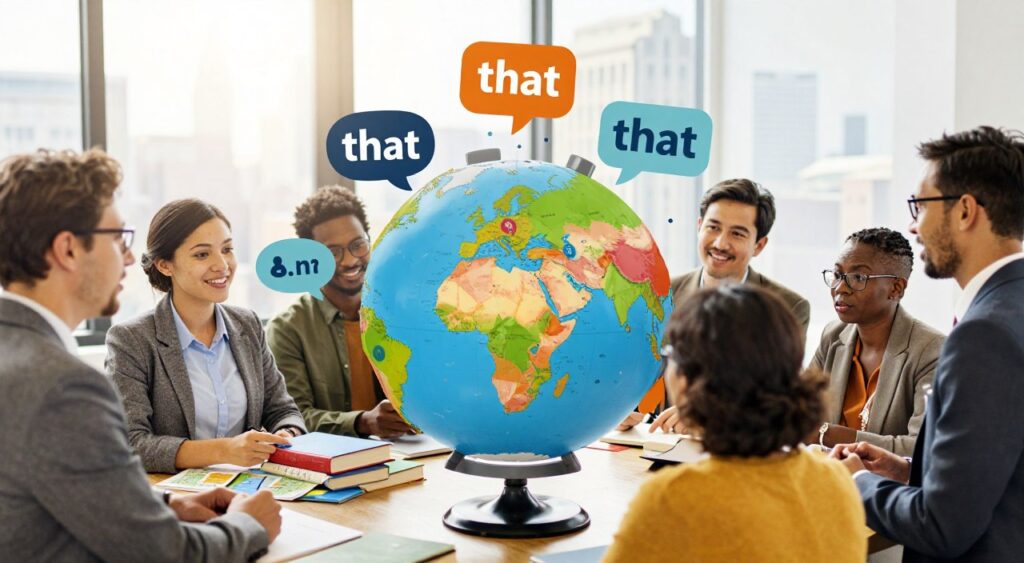 A vibrant scene illustrating the concept of "that" in various dialects. In the foreground, a diverse group of professionals in smart attire engages in animated conversation around a large, colorful globe marked with representation of different dialects. Each location has distinct visual symbols illustrating the variations of the word "that," such as speech bubbles with regional icons. In the middle ground, books and maps symbolize linguistic studies, while images of people from different cultures exchanging ideas. The background features a bright, warm city skyline under soft, natural sunlight, creating an inviting atmosphere. The lens captures this scene with a slight depth of field, emphasizing the foreground interactions while gently blurring the background, evoking a sense of connection and understanding across diverse dialects.