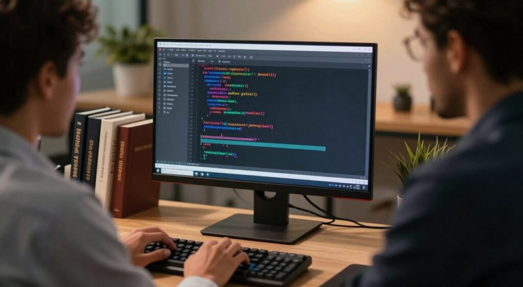A vibrant scene of a programmer focused on a computer screen displaying C code compilation in an IDE. In the foreground, the programmer, a diverse individual wearing professional business attire, is intently typing on a mechanical keyboard. In the middle layer, the computer's monitor showcases colorful lines of code and a progress bar illustrating the compilation process. The background features a modern office environment with books on programming, a potted plant, and soft ambient lighting that casts a warm glow, creating an inviting atmosphere. The camera angle is slightly tilted to emphasize the screen while keeping the programmer in crisp focus, evoking a sense of concentration and dedication to mastering best practices in C coding.