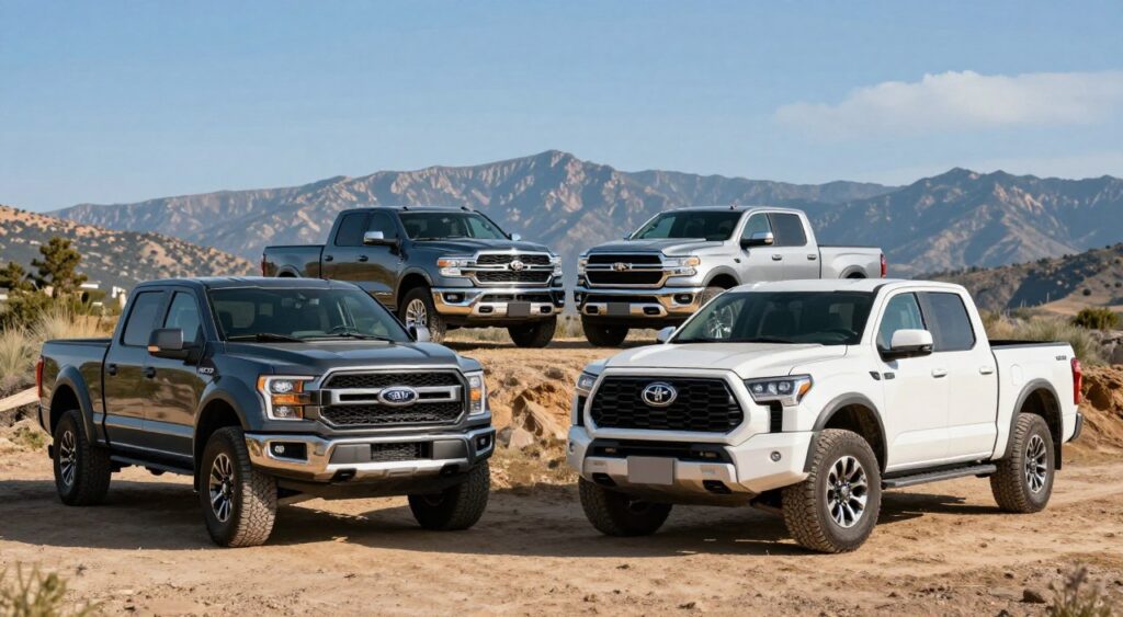 A vibrant scene showcasing a comparison of four top-rated pickup trucks in an outdoor setting. In the foreground, two trucks are prominently displayed side by side, one a rugged Ford and the other a sleek Toyota, highlighting their unique design features and color finishes. The middle ground features another pair of trucks, a powerful Ram and a versatile Chevrolet, parked on a dirt path, with subtle details like their grilles and wheels visible. The background features a picturesque landscape of mountains and a clear blue sky, providing a sense of adventure. Soft, natural sunlight illuminates the scene, casting gentle shadows for depth. The mood conveys excitement and possibility, enticing viewers to explore the perfect match for their needs. The image is free of any text or branding.