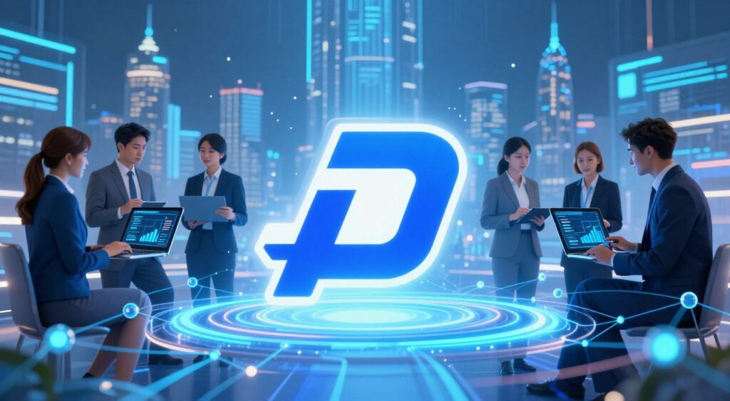 A vibrant, stylized representation of the Dash cryptocurrency logo, prominently displayed in the foreground, surrounded by a digital landscape of interconnected nodes and flowing data streams. In the middle ground, skilled professionals in smart business attire are engaged in discussions, analyzing charts and graphs on laptops and tablets that showcase Dash's features and benefits. The background features a futuristic city skyline with glowing skyscrapers, representing innovation and technology. The lighting is bright and dynamic, with a soft blue hue that conveys a sense of trust and professionalism. The overall mood is energetic and inspiring, emphasizing the empowerment and growth associated with mastering Dash skills.