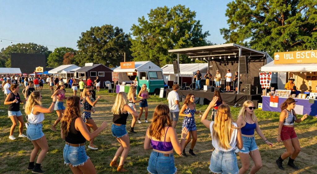 A vibrant summer scene at a US music festival, capturing the joyous atmosphere and community spirit. In the foreground, a diverse group of festival-goers, dressed in colorful, comfortable summer attire, dancing and enjoying the live music from a lively band on stage. In the middle ground, food trucks and artisan stalls line the paths, selling delicious treats and handmade crafts, adorned with string lights. The background features a clear blue sky and lush green trees, creating an inviting outdoor setting. Golden sunlight bathes the scene, enhancing the lively mood and camaraderie. The angle is slightly elevated, providing a panoramic view of the festival bustling with excitement, while keeping the focus on the joyful expressions of the attendees.