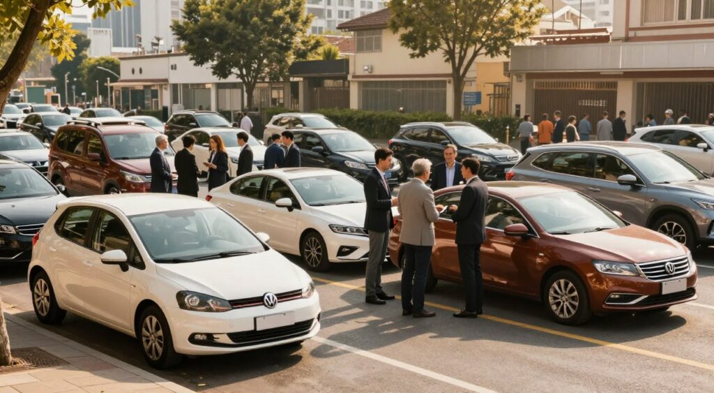 A vibrant urban scene showcasing a variety of budget-friendly vehicles parked along a bustling street. In the foreground, a compact hatchback, a sedan, and a small SUV beautifully highlighted under warm afternoon sunlight. The middle ground features a diverse group of people dressed in professional business attire, engaging in discussions about the vehicles, reflecting a sense of community and practicality. The background captures a city skyline with approachable architecture, enhancing the urban feel. Soft shadows cast by trees complement the scene and create a warm, inviting atmosphere. The angle is slightly elevated, providing a clear view of the vehicles and the participating crowd, emphasizing the theme of affordability and smart choices for modern living.