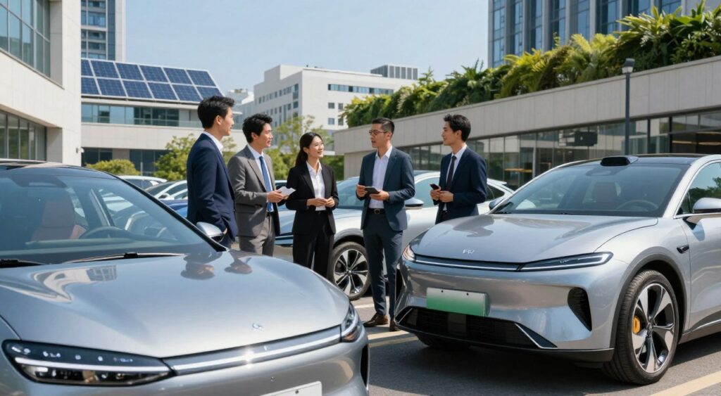 A vibrant urban scene showcasing electric vehicles parked strategically along a modern city street. In the foreground, a sleek, futuristic electric car with a glossy finish and aerodynamic design catches the sunlight, highlighting its eco-friendly features. In the middle, diverse professionals in business attire are engaging in animated discussions near the vehicles, each displaying a mix of excitement and curiosity about electric mobility. The background features a skyline of eco-friendly architecture, including solar panels and green roofs, under a clear blue sky. The lighting is bright and natural, evoking a sense of optimism and innovation. The perspective is slightly low-angle, adding a dynamic feel to the scene, while maintaining a polished and professional atmosphere.