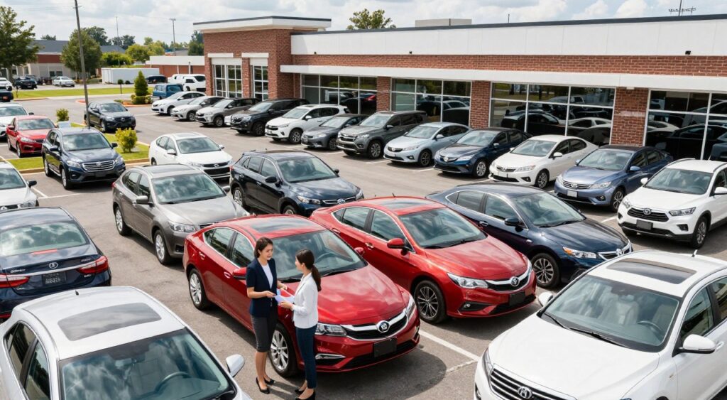 A vibrant used car dealership scene, featuring a wide array of affordable used cars in various colors and models, parked neatly in an organized lot. In the foreground, a friendly sales representative dressed in professional attire discusses options with a couple examining a vehicle. The middle ground shows several rows of vehicles, showcasing sedans, SUVs, and trucks under bright, natural lighting. In the background, a classic brick-and-mortar dealership building is visible, with large windows reflecting the sky. The atmosphere is welcoming and energetic, suggesting a busy day of customers exploring their options. The image should be captured from a slightly elevated angle, offering a comprehensive view of the lot, and conveying a sense of excitement about finding the right car.