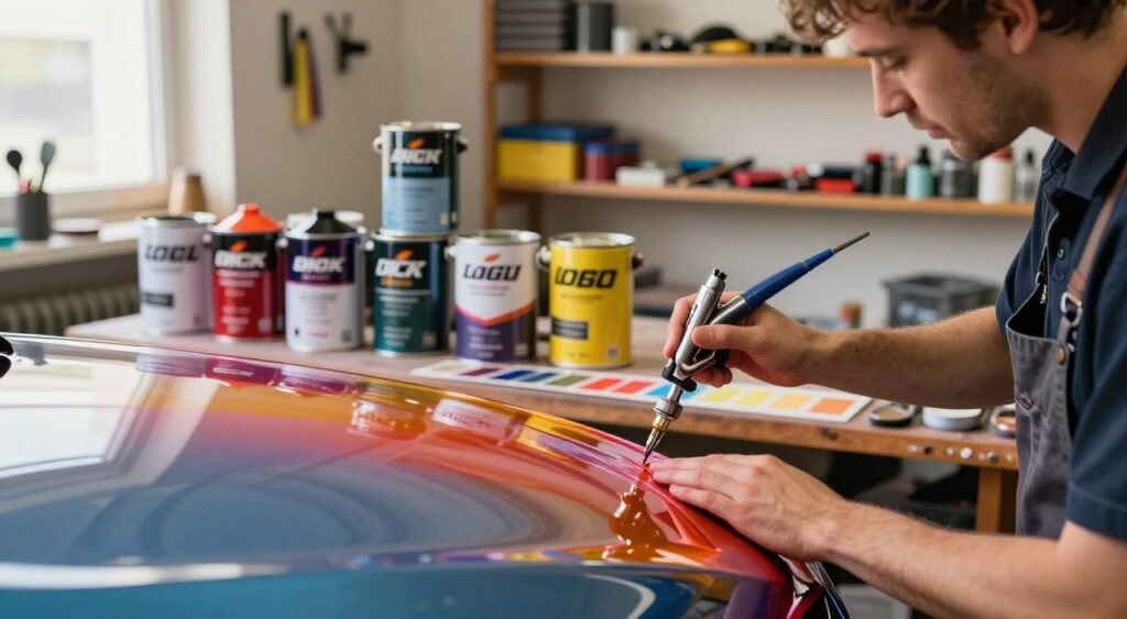 A vibrant workshop scene showcasing various car painting techniques. Foreground features a skilled painter in professional attire, carefully applying a high-quality, glossy paint to a car's hood. The painter is using an airbrush, highlighting intricate details. The middle ground displays a range of popular car paint brand cans, artistically arranged on a workbench, with color swatches beside them to illustrate the variety of finishes available. The background includes shelves lined with tools and equipment, softly illuminated by warm, natural light streaming through a nearby window, creating an inviting and creative atmosphere. The focus is on craftsmanship and quality, emphasizing the vibrant colors and textures of the paint.