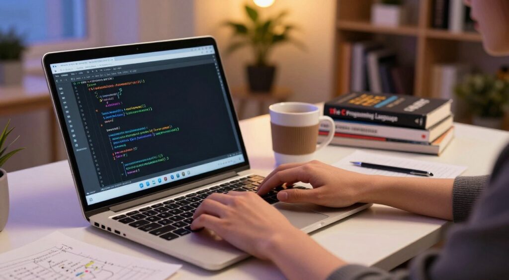 A vibrant workspace featuring a modern desk with a sleek laptop displaying a C programming code editor on the screen. In the foreground, a pair of hands typing on the keyboard, showcasing fingers expertly navigating the keys. On the desk, scattered notes with code snippets and diagrams, ambient lighting casting a warm glow over the scene. In the middle ground, a coffee cup next to a stack of programming books, like "The C Programming Language", hinting at a studious atmosphere. The background softly blurs into a cozy room with bookshelves lined with tech literature and a potted plant adding a touch of life. The overall mood is focused and inviting, emphasizing the journey of learning C programming.