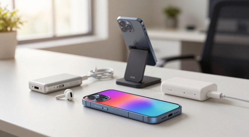 A visually appealing arrangement of mobile accessories on a sleek, modern workspace. In the foreground, showcase a high-quality smartphone with a colorful protective case, alongside wireless earbuds and a compact power bank. In the middle ground, display a variety of charging cables and a stylish phone stand, all positioned on a minimalistic desk surface. The background features a soft-focus blurred office environment with natural lighting streaming through a window, creating a warm and inviting mood. Use a shallow depth of field to emphasize the accessories while maintaining a professional aesthetic. Ensure the tones are vibrant to reflect innovation and technology, evoking a sense of excitement about mobile solutions. A visually appealing arrangement of mobile accessories on a sleek, modern workspace. In the foreground, showcase a high-quality smartphone with a colorful protective case, alongside wireless earbuds and a compact power bank. In the middle ground, display a variety of charging cables and a stylish phone stand, all positioned on a minimalistic desk surface. The background features a soft-focus blurred office environment with natural lighting streaming through a window, creating a warm and inviting mood. Use a shallow depth of field to emphasize the accessories while maintaining a professional aesthetic. Ensure the tones are vibrant to reflect innovation and technology, evoking a sense of excitement about mobile solutions.