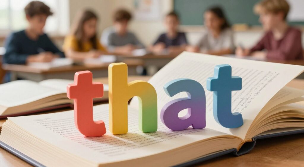 A visually appealing composition featuring the demonstrative pronoun "that" prominently displayed in an artistic, three-dimensional manner. In the foreground, the word "that" is designed with bold, colorful typography against a subtle gradient background, symbolizing its importance in English grammar. The middle layer includes a stack of books related to grammar and writing, open to pages that define and illustrate the concept of pronouns, all bathed in soft, warm lighting to create an inviting atmosphere. In the background, a blurred classroom setting with students engaged in a discussion about grammar complements the scene, conveying a learning environment. The mood is educational and inspiring, encouraging viewers to explore the nuances of language with curiosity and enthusiasm. The perspective is slightly tilted upward, adding a dynamic feel to the image without any textual elements.