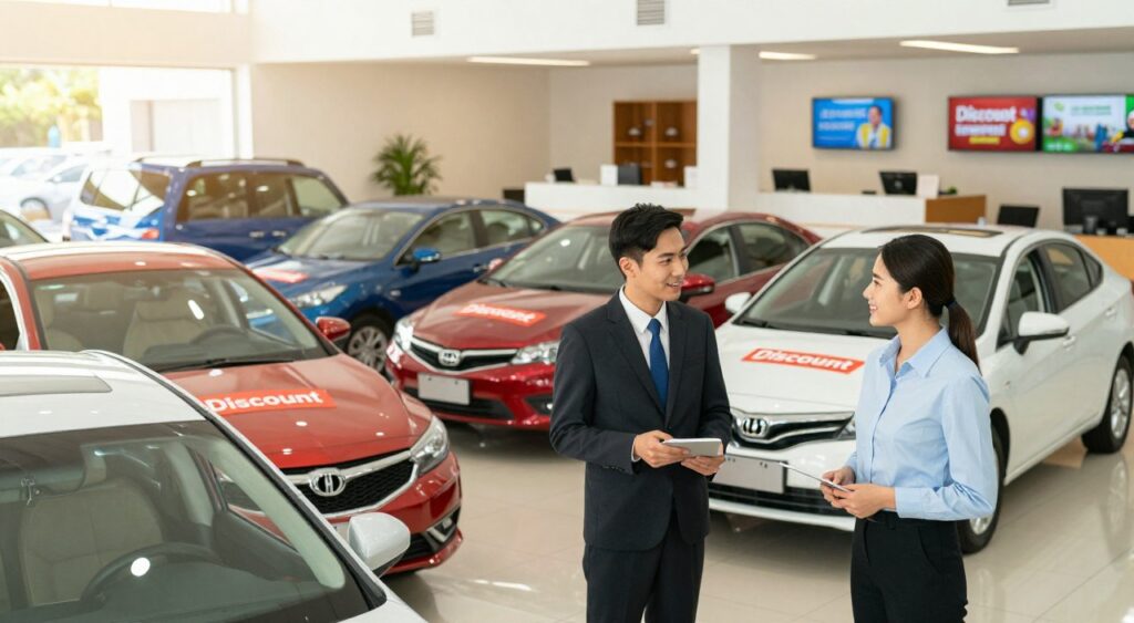 A visually appealing composition showcasing a variety of rental cars parked in a bright, modern car rental agency. In the foreground, a professional-looking attendant in business attire is discussing options with a smiling customer, highlighting the theme of rental car discounts. The middle ground features an array of colorful cars, such as sedans, SUVs, and compact models, all displaying "Discount" tags. The background shows a sleek, well-lit reception area with digital screens showcasing promotional offers. The lighting is warm and inviting, creating a friendly atmosphere. The angle is slightly elevated, providing a clear view of the scene while maintaining a sense of depth. The overall mood is optimistic and encouraging, capturing the essence of finding affordable car rentals for travelers in the U.S. A visually appealing composition showcasing a variety of rental cars parked in a bright, modern car rental agency. In the foreground, a professional-looking attendant in business attire is discussing options with a smiling customer, highlighting the theme of rental car discounts. The middle ground features an array of colorful cars, such as sedans, SUVs, and compact models, all displaying "Discount" tags. The background shows a sleek, well-lit reception area with digital screens showcasing promotional offers. The lighting is warm and inviting, creating a friendly atmosphere. The angle is slightly elevated, providing a clear view of the scene while maintaining a sense of depth. The overall mood is optimistic and encouraging, capturing the essence of finding affordable car rentals for travelers in the U.S.
