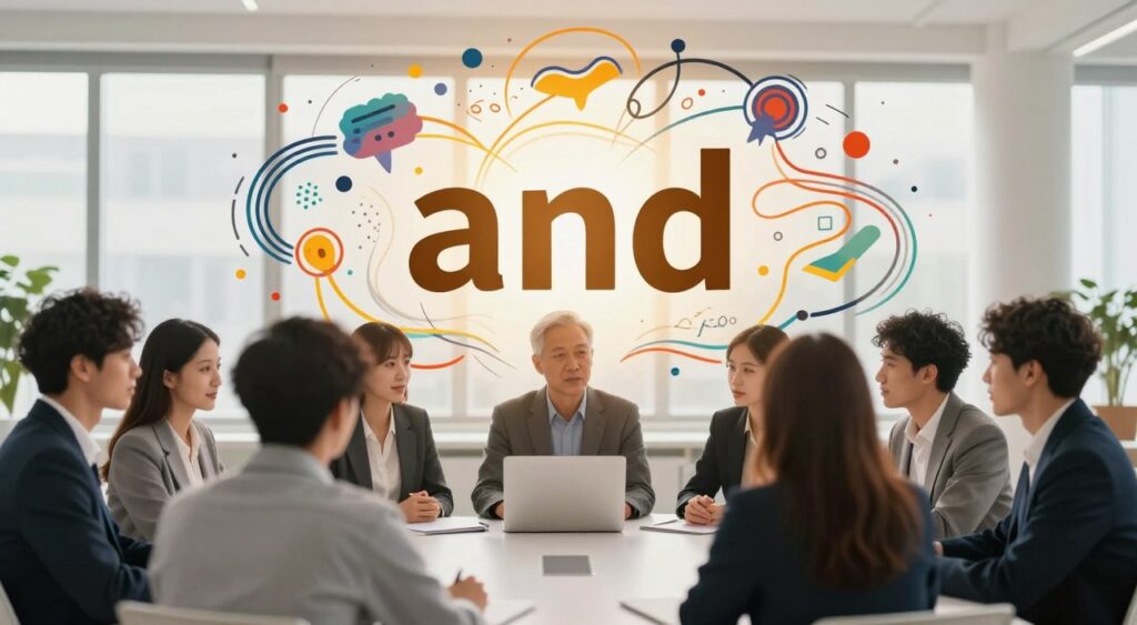 A visually captivating concept illustrating the psychology behind the word "and," featuring an abstract representation of interconnected thoughts and ideas. In the foreground, a diverse group of people engaged in a collaborative discussion, dressed in professional business attire to convey a sense of focus and purpose. In the middle ground, vibrant, swirling lines and shapes symbolize connections and unity, with light emanating from these elements, creating a warm, inviting atmosphere. The background is a serene, blurred office setting with soft, natural lighting, suggesting a productive environment. The overall mood is one of creativity and collaboration, encouraging exploration and engagement with ideas and possibilities that "and" represents. Use a 35mm lens to capture depth and clarity, emphasizing the interplay between subjects and their surroundings. A visually captivating concept illustrating the psychology behind the word "and," featuring an abstract representation of interconnected thoughts and ideas. In the foreground, a diverse group of people engaged in a collaborative discussion, dressed in professional business attire to convey a sense of focus and purpose. In the middle ground, vibrant, swirling lines and shapes symbolize connections and unity, with light emanating from these elements, creating a warm, inviting atmosphere. The background is a serene, blurred office setting with soft, natural lighting, suggesting a productive environment. The overall mood is one of creativity and collaboration, encouraging exploration and engagement with ideas and possibilities that "and" represents. Use a 35mm lens to capture depth and clarity, emphasizing the interplay between subjects and their surroundings.