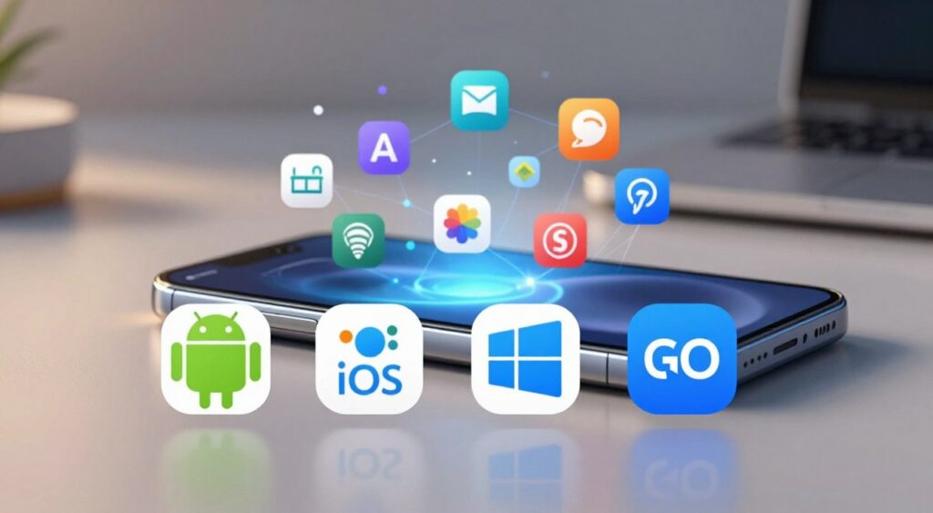 A visually captivating illustration of popular mobile operating systems, featuring icons such as Android, iOS, Windows Mobile, and HarmonyOS prominently displayed in the foreground. The backdrop showcases a sleek modern smartphone on a clean, minimalist desk, subtly reflecting light to create a polished look. Soft ambient lighting casts gentle highlights and shadows, enhancing the device's contours. The middle layer shows vibrant app icons representing a variety of mobile functions, artistically arranged like a dynamic network. The overall atmosphere conveys innovation and technological advancement, with a slightly futuristic feel. The image is devoid of any text or branding, focused purely on the visual representation of these operating systems as the centerpiece.