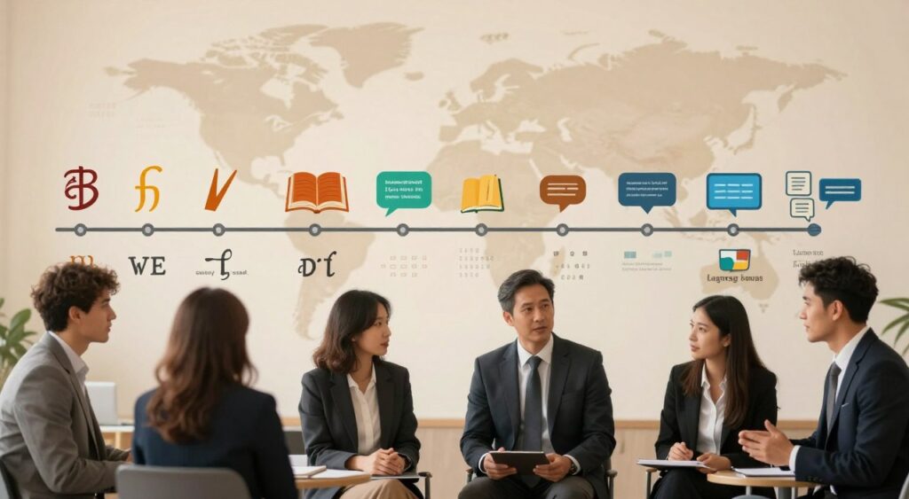 A visually dynamic representation of language evolution, featuring a vibrant timeline that transitions from ancient scripts to modern digital communication. In the foreground, artistic depictions of historical symbols and alphabets, with a diverse group of individuals in professional business attire engaging in conversation. The middle layer showcases a blur of visual elements like books, speech bubbles, and digital screens, symbolizing the blending of old and new languages. The background should depict a world map subtly illuminated to reflect global cultural influences, with soft, warm lighting creating a welcoming atmosphere. Use a shallow depth of field to emphasize the foreground characters, while maintaining clarity of the evolving language motifs. The overall mood is insightful and transformative, inviting viewers to reflect on the cultural significance of language.