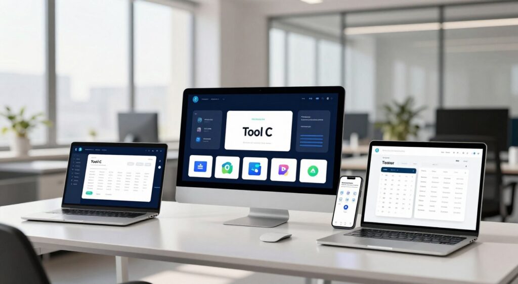 A visually engaging comparison of productivity tools, featuring a sleek, modern office desk in the foreground with various devices—laptops, tablets, and smartphones—showcasing different productivity software interfaces. In the middle ground, include a contrasting digital dashboard that highlights ‘Tool C’ prominently, surrounded by icons or representations of other productivity tools like project management apps and calendars. The background should depict a bright, airy office space with large windows allowing natural light to fill the room, creating an inviting atmosphere. Use soft, professional lighting to emphasize the sleek design of the tools. The mood should be focused and inspiring, accentuating efficiency and innovation, with no text, people, or distractions. A visually engaging comparison of productivity tools, featuring a sleek, modern office desk in the foreground with various devices—laptops, tablets, and smartphones—showcasing different productivity software interfaces. In the middle ground, include a contrasting digital dashboard that highlights ‘Tool C’ prominently, surrounded by icons or representations of other productivity tools like project management apps and calendars. The background should depict a bright, airy office space with large windows allowing natural light to fill the room, creating an inviting atmosphere. Use soft, professional lighting to emphasize the sleek design of the tools. The mood should be focused and inspiring, accentuating efficiency and innovation, with no text, people, or distractions.
