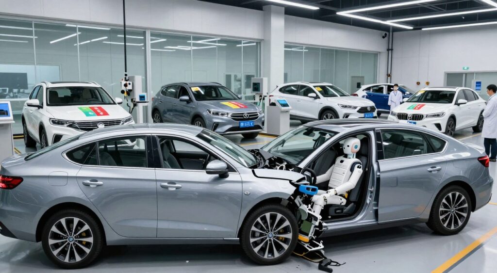 A visually engaging depiction of crash test ratings, set in a modern automotive testing facility. In the foreground, a sleek, silver sedan undergoing a frontal crash test, with a high-tech crash test dummy seated inside, showcasing its protective gear. The middle ground features a variety of vehicles, including SUVs and hatchbacks, each displaying their crash test rating stickers prominently in bright colors. The background presents a state-of-the-art laboratory with clear glass panels, illuminated by bright, clean LED lighting that highlights the precision tools and equipment used for testing. The atmosphere is clinical yet dynamic, emphasizing safety advancements in automotive design. The scene is captured from a low angle, conveying the significance of vehicle safety in today's automotive industry. No text, people in professional lab attire observing the tests.