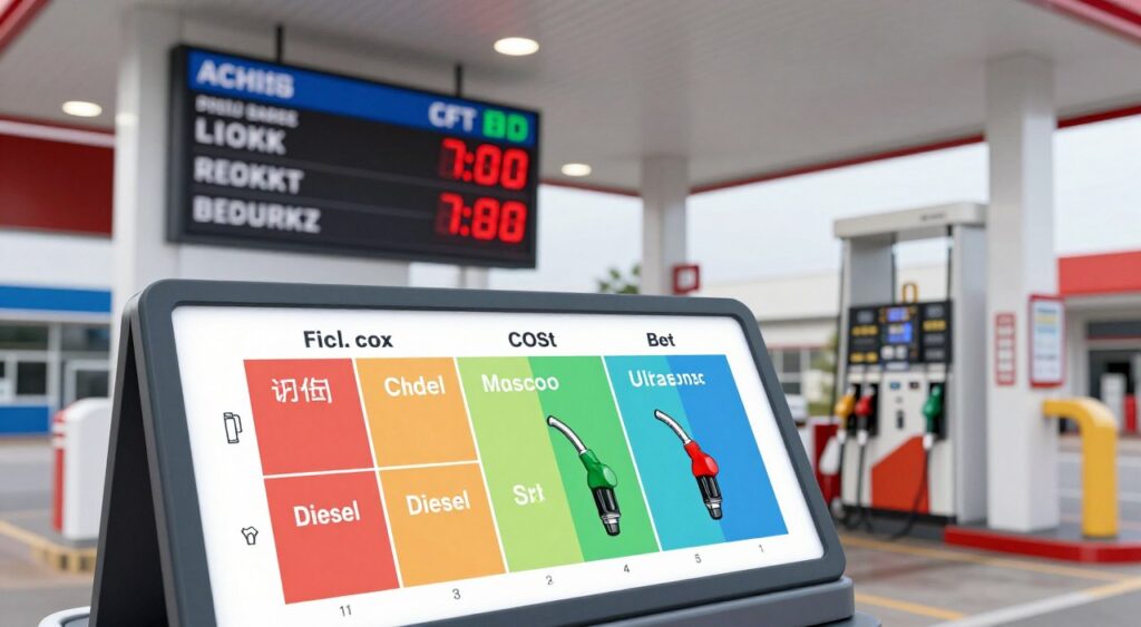 A visually engaging fuel cost comparison chart displayed prominently in the foreground, showcasing different fuel types like gasoline, diesel, and alternative fuels. Each section should be color-coded for clarity, with icons representing each fuel type. In the middle ground, a digital display board shows fluctuating prices, indicating real-time changes, set against a backdrop of a modern gas station with sleek pumps and fuel nozzles. The scene is well-lit with bright ambient lighting, creating a professional and informative atmosphere, reflecting an air of modernity and urgency. The angle should be a slightly elevated perspective, allowing for a clear view of the chart and the gas station, emphasizing the importance of understanding fuel prices today.