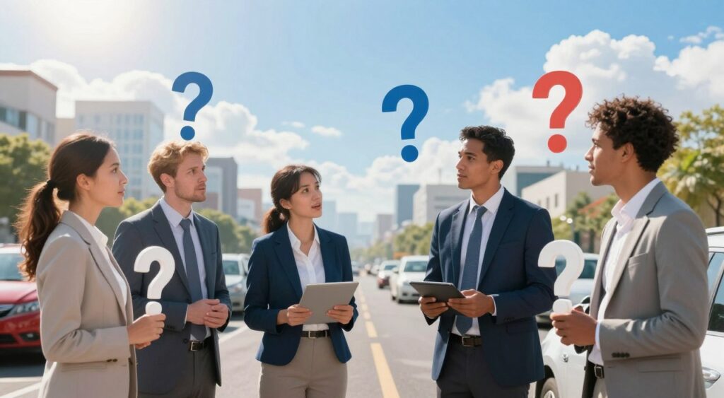 A visually engaging illustration depicting common car insurance myths. In the foreground, a diverse group of four people—two women and two men of different ethnicities—are standing around a car, dressed in professional business attire, discussing various myth concepts. In their hands, they hold playful representations of myths, like oversized question marks. The middle layer features a vibrant city street with a variety of cars parked, symbolizing affordability and inclusivity. The background showcases a sunlit skyline with fluffy white clouds, creating a hopeful and informative atmosphere. Soft, natural lighting illuminates the scene, emphasizing the characters’ expressions of curiosity and enlightenment. The overall mood is educational yet lively, inviting viewers to engage with the topic of car insurance myths. A visually engaging illustration depicting common car insurance myths. In the foreground, a diverse group of four people—two women and two men of different ethnicities—are standing around a car, dressed in professional business attire, discussing various myth concepts. In their hands, they hold playful representations of myths, like oversized question marks. The middle layer features a vibrant city street with a variety of cars parked, symbolizing affordability and inclusivity. The background showcases a sunlit skyline with fluffy white clouds, creating a hopeful and informative atmosphere. Soft, natural lighting illuminates the scene, emphasizing the characters’ expressions of curiosity and enlightenment. The overall mood is educational yet lively, inviting viewers to engage with the topic of car insurance myths.