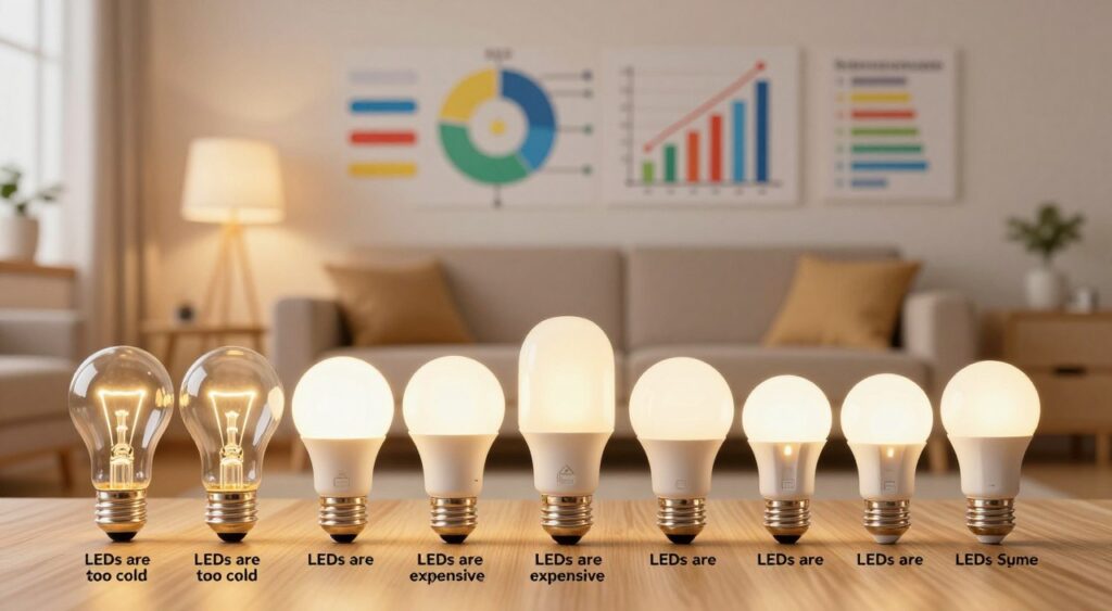 A visually engaging illustration highlighting common misconceptions about LED lights. In the foreground, depict a series of light bulb designs, showcasing traditional incandescent bulbs alongside various LED shapes. Each bulb should be labeled with common myths, such as "LEDs are too cold" or "LEDs are expensive." In the middle ground, illustrate a modern living room setting bathed in warm LED lighting, creating a cozy atmosphere. The background should feature a wall of colorful charts and infographics debunking these myths, with illustrations of energy savings and longevity. Soft, inviting lighting enhances the warmth of the scene, captured with a slightly blurred depth of field using a 50mm lens to focus attention on the bulbs while providing a warm, slightly playful mood.