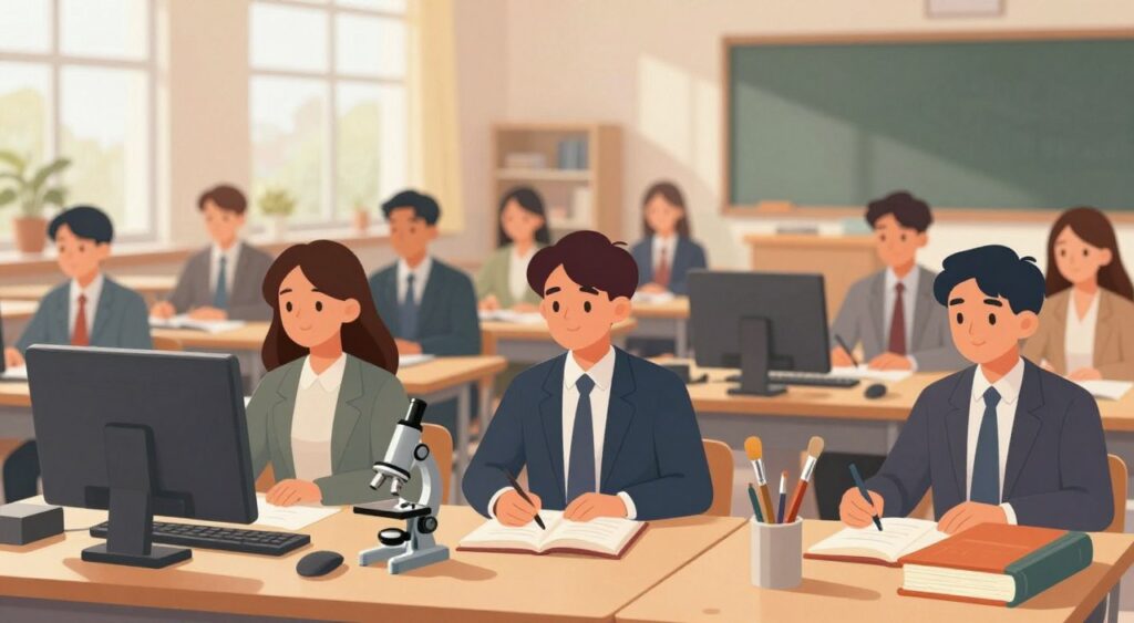 A visually engaging illustration representing various "class categories" in an educational context. In the foreground, showcase a diverse array of objects symbolizing different classes: a computer for technology courses, a microscope for science topics, a paintbrush for art subjects, and a book for literature studies. In the middle ground, include silhouettes of students engaging in various learning activities, dressed in professional business attire, representing inclusivity and collaboration. The background features a softly blurred classroom setting with natural light streaming through large windows, creating a warm and inviting atmosphere. Use a wide-angle lens perspective to capture the breadth of the scene, evoking a sense of curiosity and exploration in the quest for knowledge.