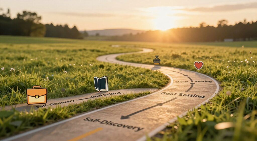 A visually engaging personal development roadmap, featuring a winding path that symbolizes progress and growth, set against a serene nature backdrop. In the foreground, include various icons representing skills and milestones, such as a briefcase for career goals, a book for knowledge, and a heart for personal well-being. In the middle ground, the roadmap should be illustrated with distinct segments, each labeled with stages like “Self-Discovery,” “Goal Setting,” and “Continuous Learning.” The background should showcase a bright and inspiring sunrise, casting warm, golden light across the scene, creating an atmosphere of hope and motivation. Use a slight depth of field to focus on the roadmap while softly blurring the distant landscape, encouraging a sense of journey and destination.