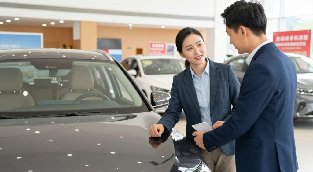 A visually engaging scene depicting a car dealership trade-in scenario. In the foreground, a professional car salesperson in a smart business suit is interacting with a customer, who is dressed in modest casual attire, examining the trade-in value of their vehicle. The middle ground features a shiny trade-in car, displayed prominently, with a price tag visible on the windshield. The background shows a modern and welcoming car dealership environment, filled with various cars, bright lights, and promotional banners. The lighting is bright yet warm, creating an inviting atmosphere. The composition is shot from a slight low angle, emphasizing the cars while keeping the human interaction at eye level, evoking a sense of trust and customer service. The mood is optimistic and focused on the theme of trade-in options.