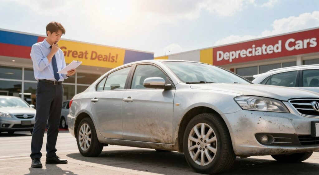 A visually engaging scene illustrating the concept of depreciated car value. In the foreground, a weathered but still appealing sedan sits, showing clear signs of age such as faded paint and minor scratches. To the left, a thoughtful individual dressed in professional attire examines the car, perhaps holding a checklist or a smartphone. The middle ground features a vibrant dealership environment, with colorful banners advertising "Great Deals!" and "Depreciated Cars". In the background, a bright, sunlit sky contrasts against the dealership, creating an optimistic atmosphere. The angle is slightly elevated, capturing the depth of the scene while drawing attention to the car's features and the buyer's engaged expression. The mood is positive, emphasizing the advantages of purchasing a vehicle with a lower market value, inviting a sense of opportunity.
