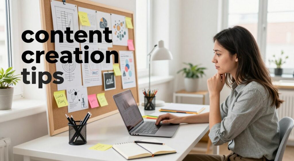 A visually engaging workspace scene that captures the essence of "content creation tips," focusing on the concept of using "and" effectively in writing. In the foreground, a professional writer in smart casual attire sits at a modern desk cluttered with notebooks, a laptop, and colorful sticky notes. The middle ground features an inspiring mood board filled with ideas and graphics representing creativity, connection, and harmony. The background showcases a bright, minimally decorated home office with large windows allowing soft, natural light to pour in, creating a warm and inviting atmosphere. The camera angle is slightly above eye level, giving a dynamic view of the writer engaged in thought, surrounded by an environment that encourages a productive flow of ideas. A visually engaging workspace scene that captures the essence of "content creation tips," focusing on the concept of using "and" effectively in writing. In the foreground, a professional writer in smart casual attire sits at a modern desk cluttered with notebooks, a laptop, and colorful sticky notes. The middle ground features an inspiring mood board filled with ideas and graphics representing creativity, connection, and harmony. The background showcases a bright, minimally decorated home office with large windows allowing soft, natural light to pour in, creating a warm and inviting atmosphere. The camera angle is slightly above eye level, giving a dynamic view of the writer engaged in thought, surrounded by an environment that encourages a productive flow of ideas.