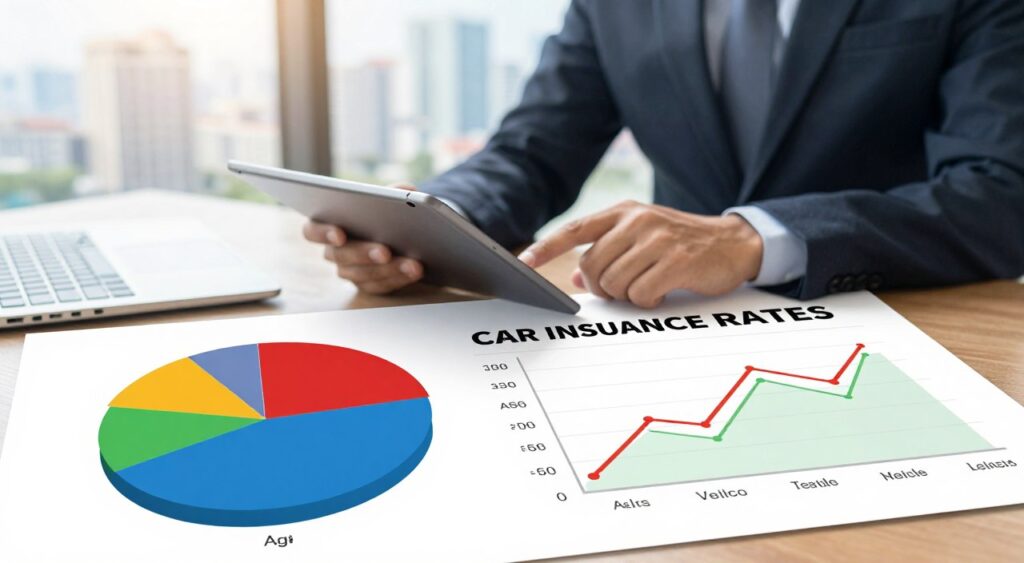 A visually informative representation of car insurance rates, focusing on key factors influencing prices. In the foreground, display a stylized pie chart and line graph illustrating different factors such as age, driving record, vehicle type, and location, all rendered with vibrant colors. In the middle, a professional individual in business attire is analyzing these charts on a tablet, conveying a sense of diligence and focus. The background features a blurred cityscape, symbolizing urban environments where rates vary. Soft, natural lighting filters through the scene, creating an inviting atmosphere. The angle is slightly elevated, providing a comprehensive view of both the individual and the charts, evoking a professional yet approachable mood suitable for an informative article. A visually informative representation of car insurance rates, focusing on key factors influencing prices. In the foreground, display a stylized pie chart and line graph illustrating different factors such as age, driving record, vehicle type, and location, all rendered with vibrant colors. In the middle, a professional individual in business attire is analyzing these charts on a tablet, conveying a sense of diligence and focus. The background features a blurred cityscape, symbolizing urban environments where rates vary. Soft, natural lighting filters through the scene, creating an inviting atmosphere. The angle is slightly elevated, providing a comprehensive view of both the individual and the charts, evoking a professional yet approachable mood suitable for an informative article.