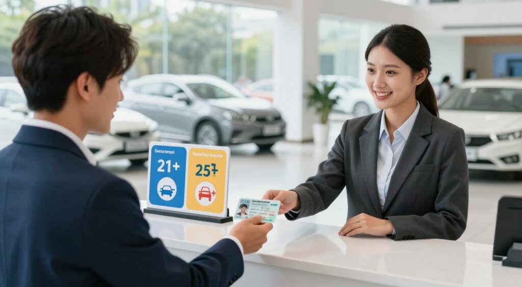 A visually informative scene depicting the concept of age restrictions for car rentals. In the foreground, a young adult in professional attire is showing their valid driver’s license to a friendly rental agent behind a sleek modern counter. The agent, dressed in business casual, has a welcoming smile. In the middle, prominently display a colorful sign with icons indicating age requirements, such as “21+” and “25+,” creatively illustrated. The background should feature a sophisticated car rental office with vehicles parked outside under bright, natural lighting streaming through large windows. The atmosphere is optimistic and engaging, emphasizing the importance of age specifications in a friendly environment. Use a slight angle to capture depth and interest in the scene without distractions. A visually informative scene depicting the concept of age restrictions for car rentals. In the foreground, a young adult in professional attire is showing their valid driver’s license to a friendly rental agent behind a sleek modern counter. The agent, dressed in business casual, has a welcoming smile. In the middle, prominently display a colorful sign with icons indicating age requirements, such as “21+” and “25+,” creatively illustrated. The background should feature a sophisticated car rental office with vehicles parked outside under bright, natural lighting streaming through large windows. The atmosphere is optimistic and engaging, emphasizing the importance of age specifications in a friendly environment. Use a slight angle to capture depth and interest in the scene without distractions.
