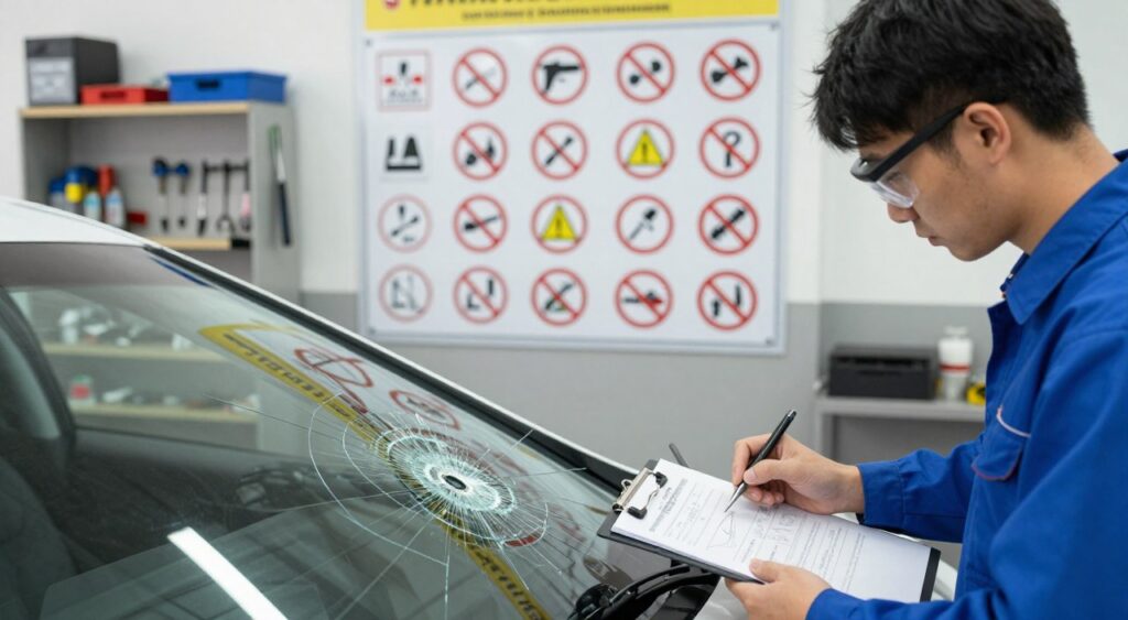 A visually informative scene depicting windshield repair regulations. In the foreground, a professional technician wearing a blue shirt and safety glasses is carefully examining a cracked windshield, with a clipboard and a set of repair tools nearby. The middle ground features a clear, detailed display of various windshield regulation signs and symbols, including icons indicating repair limits and safety compliance. In the background, a well-lit auto repair shop is visible, with shelves stocked with tools and equipment, creating a sense of professionalism. The lighting is bright and even, casting soft shadows, emphasizing the clarity and importance of the repair regulations. The overall mood is serious yet inviting, highlighting the significance of adhering to local regulations for safe windshield maintenance.