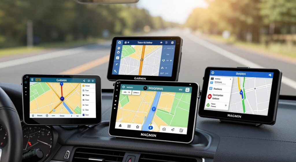 A visually striking arrangement featuring popular car GPS devices from leading brands like Garmin, TomTom, and Magellan. In the foreground, focus on high-resolution images of sleek, modern GPS units displaying vibrant maps with clear locations. The middle layer should include a subtle setting of a car dashboard, conveying a practical context for these devices, emphasizing user-friendly interfaces. The background features a softly blurred road scene, symbolizing travel and navigation, with natural sunlight filtering through, creating a warm and inviting atmosphere. Use a slight upward angle to showcase the GPS devices prominently, infused with a sense of reliability and modernity. The overall mood should be informative and engaging, inviting readers to discover the best technology for their travel needs.