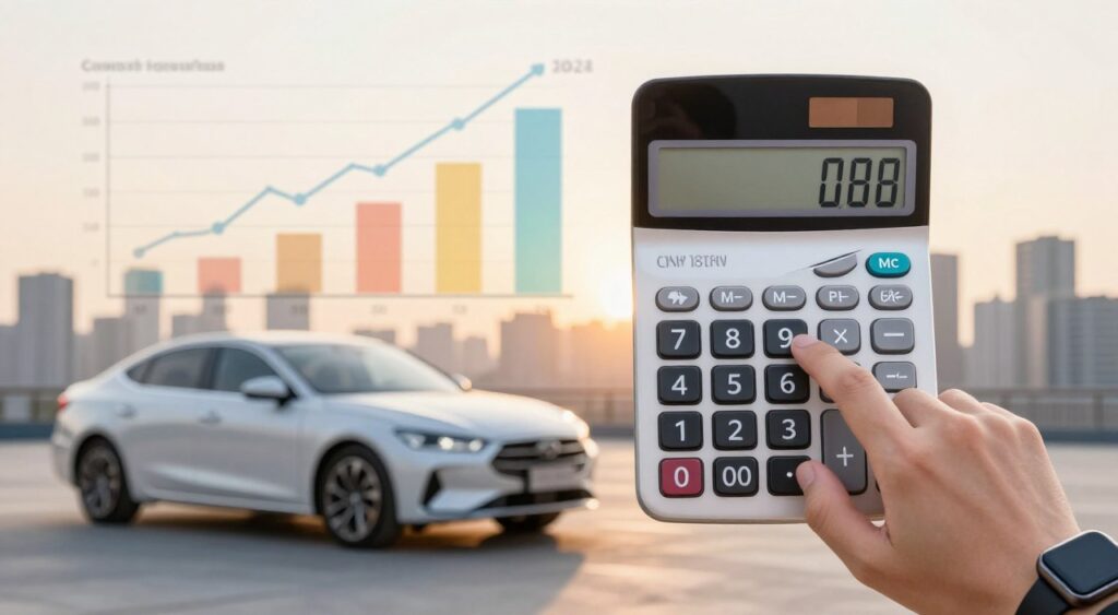 A visually striking composition illustrating car loan rates, featuring a close-up of a calculator displaying varying interest rates in bold numbers, with colorful graphs and charts in the background depicting trends and factors affecting car loans. In the foreground, a hand wearing a smart watch gently adjusts the calculator, symbolizing financial awareness. The middle layer includes an elegant car parked against a blurred city skyline, suggesting financial aspirations tied to vehicle ownership. The background is softly lit with warm ambient light, creating a professional and inviting atmosphere. The overall mood conveys a sense of optimism and clarity in making informed decisions about car financing, with a focus on the interplay between financial literacy and purchasing a vehicle. A visually striking composition illustrating car loan rates, featuring a close-up of a calculator displaying varying interest rates in bold numbers, with colorful graphs and charts in the background depicting trends and factors affecting car loans. In the foreground, a hand wearing a smart watch gently adjusts the calculator, symbolizing financial awareness. The middle layer includes an elegant car parked against a blurred city skyline, suggesting financial aspirations tied to vehicle ownership. The background is softly lit with warm ambient light, creating a professional and inviting atmosphere. The overall mood conveys a sense of optimism and clarity in making informed decisions about car financing, with a focus on the interplay between financial literacy and purchasing a vehicle.