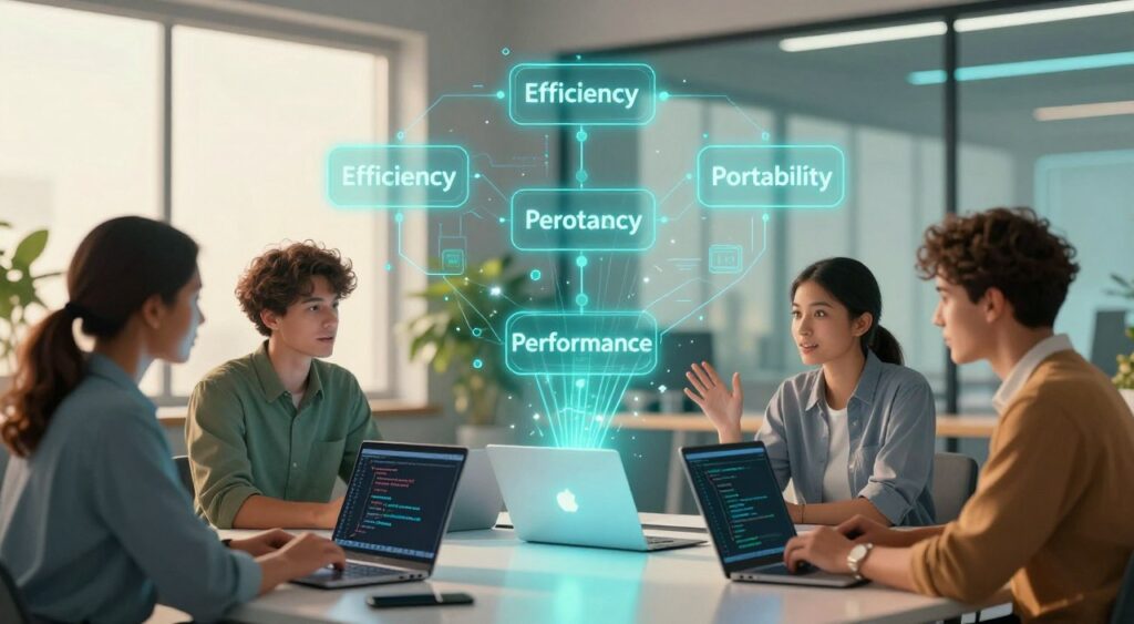 A visually striking digital illustration that encapsulates the benefits of the C programming language. In the foreground, a diverse group of three professionals, one male and two females, are engaged in a dynamic discussion around a modern table with laptops open, showcasing C code on their screens. In the middle ground, a digital flowchart illustrates key benefits such as "Efficiency," "Portability," and "Performance," emerging from a glowing laptop. The background features a sleek, high-tech office environment with large windows letting in warm, natural light, creating an atmosphere of innovation and teamwork. The color palette incorporates greens and blues, emphasizing growth and technology. The composition uses a slight depth of field to keep the focus on the professionals and the flowchart while giving a sense of an inspiring workspace.