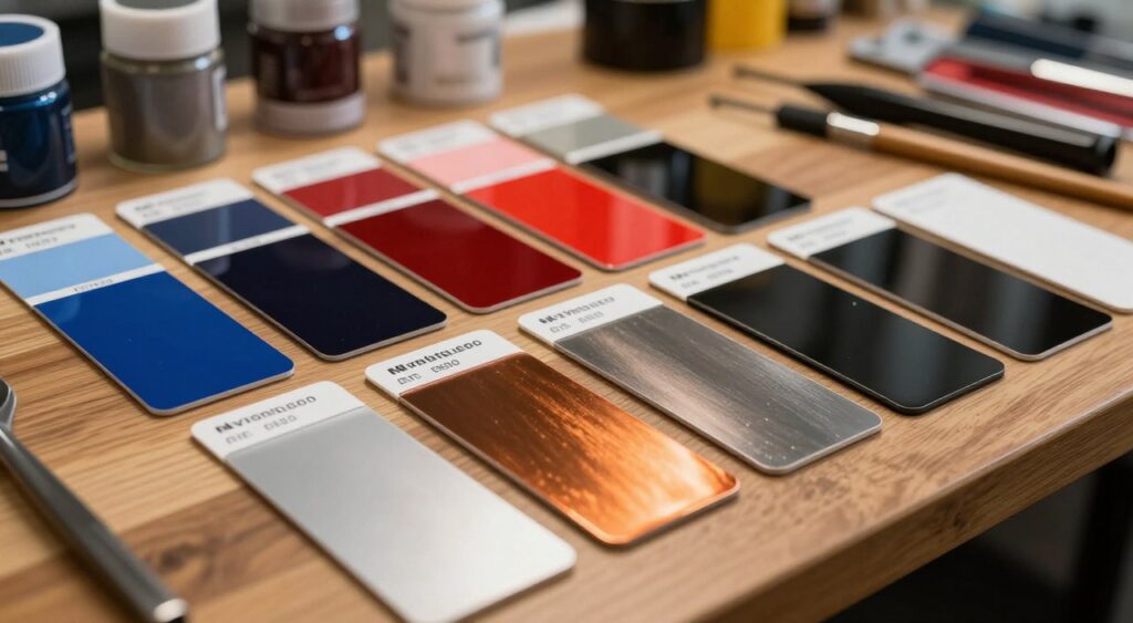 A visually striking display of automotive paint options arranged neatly on a wooden table. In the foreground, vibrant paint samples in various finishes—metallic, matte, pearlescent—showcase their unique textures and reflections. The middle section features an assortment of color swatches, including deep blues, fiery reds, and sleek blacks, each tagged with small indicators for easy identification. In the background, softly blurred tools commonly used in auto paint shops are visible, suggesting a professional environment. The lighting is warm and inviting, with gentle overhead illumination that accentuates the richness of the paints. Capture a mood of creativity and craftsmanship, evoking a sense of quality and choice for potential customers. The composition should be well-balanced, with a slight depth of field to draw attention to the paint samples.