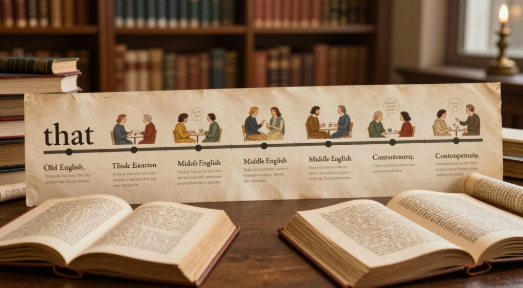 A visually striking illustration depicting the historical evolution of the word "that." In the foreground, a series of open books and scrolls display ancient scripts and modern typography related to the word "that." The middle ground features a timeline, visually representing different eras, such as Old English, Middle English, and contemporary usage, with subtle illustrations of people from various historical periods engaging in conversation. In the background, a library filled with books and illuminated by soft, warm lighting enhances a scholarly atmosphere. The scene is captured from a slightly elevated angle, focusing on the progression and significance of the word. The overall mood is thoughtful and inquisitive, inviting viewers to reflect on the linguistic journey of the term.
