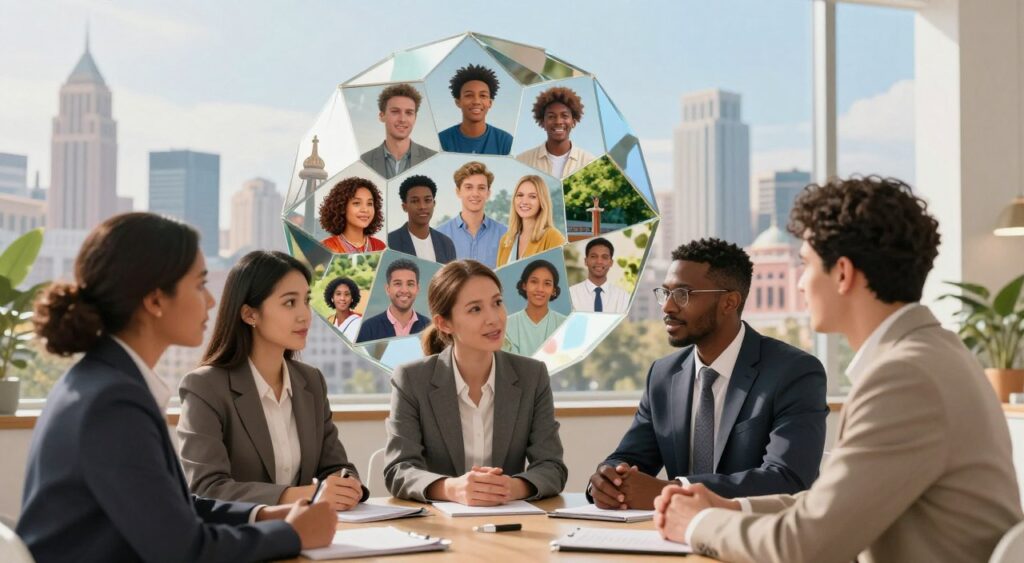 A visually striking illustration of personal identity formation, showcasing the influence of external factors. In the foreground, a diverse group of three individuals of varying ethnicities, dressed in professional business attire, engage in a collaborative discussion, symbolizing shared experiences. The middle ground features a large, multifaceted mirror reflecting various aspects of their lives—family, culture, social media, and environment, representing external influences. In the background, a city skyline and cultural landmarks create a vibrant setting, evoking a sense of community and societal impact. Soft, natural lighting illuminates the scene, casting warm tones to enhance a welcoming atmosphere. The angle is slightly elevated, providing a broader view of the interactions and reflections, inviting viewers to contemplate the complexity of identity formation.