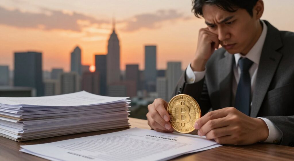 A visually striking image illustrating costly financial options. In the foreground, a business professional in formal attire examines a large, ornate gold coin, symbolizing high value and investment potential. In the middle ground, stacks of paperwork and financial documents, such as loan agreements, arranged neatly, hinting at complex financing. The background features a blurred city skyline filled with tall skyscrapers under a dynamic sunset sky, casting a warm, orange hue over the scene. Soft, diffused lighting creates an atmosphere of contemplation and urgency, emphasizing the significance of financial decisions. The perspective is slightly angled to enhance depth, focusing on the professional's furrowed brow, conveying concern and consideration for expensive financing options.