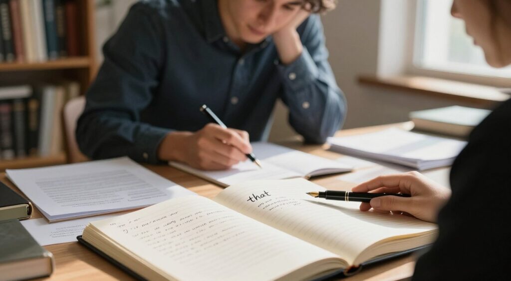 A visually striking image showcasing the concept of "that" in writing clarity. In the foreground, an open notebook filled with neatly written notes, with a fountain pen resting beside it. In the middle ground, a thoughtful writer, dressed in smart casual attire, leans over the notebook, deep in concentration, surrounded by edited drafts with annotations. The background features a soft, blurred shelves of books, hinting at wisdom and knowledge. Natural light filters in through a nearby window, casting gentle shadows and creating a warm, inviting atmosphere. The overall mood is focused and contemplative, emphasizing the importance of clarity in writing. The composition should have a slightly elevated angle, as if the viewer is observing an inspired moment of creativity.