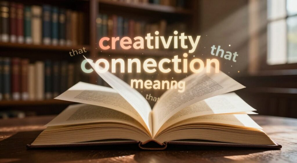 A visually striking representation of the concept of "that" in literature, featuring a large, open book positioned prominently in the foreground, its pages turning in an inviting motion. The middle ground showcases floating, illuminated words like "creativity," "connection," and "meaning," emanating light in different colors, symbolizing the diverse uses of "that." In the background, a dimly lit library filled with shelves of classic literary works, blurred to emphasize the foreground elements. Soft, warm lighting creates a cozy atmosphere, with light rays filtering through a nearby window, casting gentle shadows on the floor. The overall mood evokes inspiration and reflection, encouraging the viewer to delve into the creative aspects of language and literature.