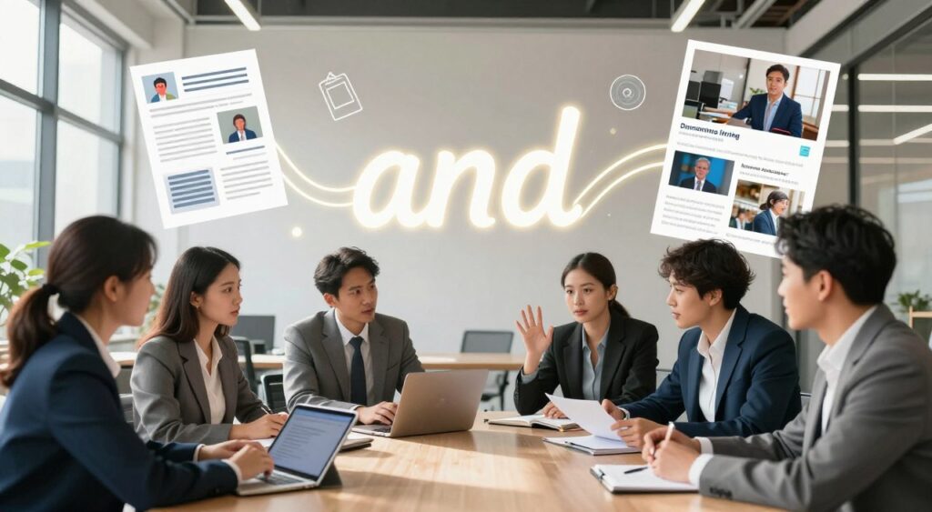 A visually striking scene depicting the concept of "and" in various content types. In the foreground, a diverse group of professionals in business attire are engaged in a brainstorming session, animatedly discussing ideas with a digital tablet and notebooks open. In the middle ground, creative representations of different content forms are illustrated: a blog post, a video frame, and social media posts, all interconnected by a glowing, flowing ribbon symbolizing the word "and." The background features a modern office space with large windows, allowing natural light to flood in, creating a bright and inspiring atmosphere. Soft shadows are cast across the scene, emphasizing collaboration. The mood is energizing and innovative, capturing the essence of creative synergy in content creation. A visually striking scene depicting the concept of "and" in various content types. In the foreground, a diverse group of professionals in business attire are engaged in a brainstorming session, animatedly discussing ideas with a digital tablet and notebooks open. In the middle ground, creative representations of different content forms are illustrated: a blog post, a video frame, and social media posts, all interconnected by a glowing, flowing ribbon symbolizing the word "and." The background features a modern office space with large windows, allowing natural light to flood in, creating a bright and inspiring atmosphere. Soft shadows are cast across the scene, emphasizing collaboration. The mood is energizing and innovative, capturing the essence of creative synergy in content creation.