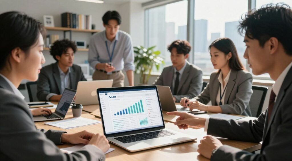 A visually striking scene depicting the integration of Dash with various financial tools in a modern office setting. In the foreground, a sleek laptop displays the Dash interface alongside data visualization charts. A professional, ethnically diverse group of individuals in business attire collaborates around the laptop, pointing at graphs and discussing insights. In the middle ground, shelves filled with financial books and digital devices create an organized workspace. The background features a city skyline visible through large windows, bathed in natural daylight, emphasizing a sense of productivity and focus. Use a wide angle to capture the bustling atmosphere, with a warm yet professional mood that inspires innovation and teamwork. Adjust lighting to highlight the laptop and faces, casting subtle shadows for depth.